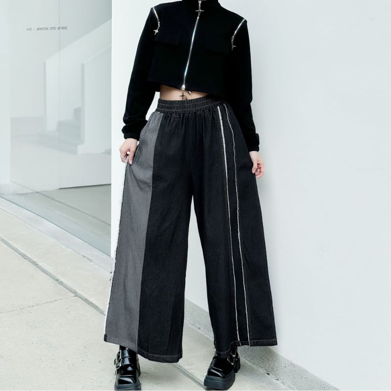 コントラストバイカラーワイドデニムパンツ 2color PT0354