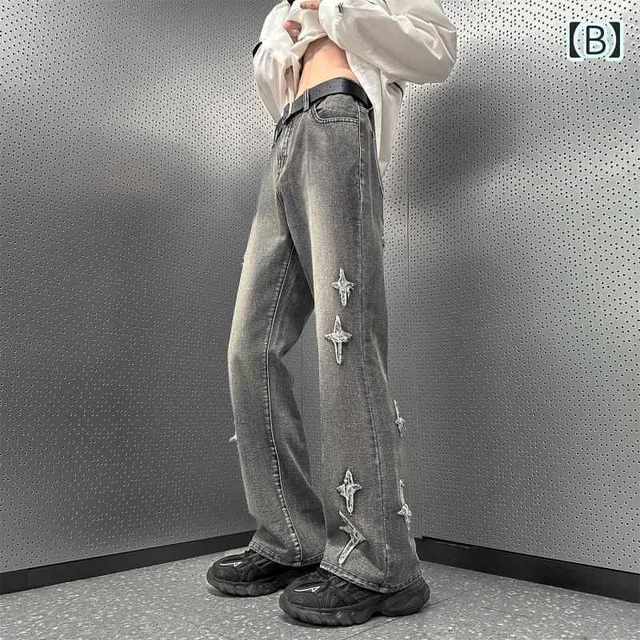 ジーンズ ズボン パンツ デニム メンズ 男性用 ブルー ブラック クロス ダメージ加工 ユーズド風 個性的 十字架 韓国系 ジーパン 大きいサイズ ワイド ルーズ ストレート ウォッシュ加工 脚長 アメリカン グラデーション 青 黒 古着風 ユニーク