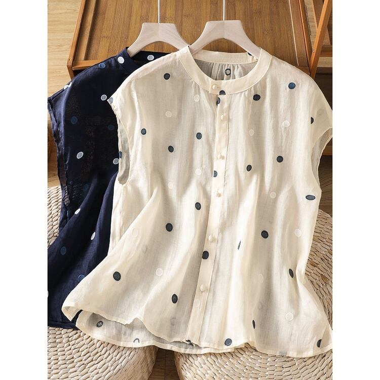 ドット刺繍バンドカラーノースリーブブラウス(2色)11199
