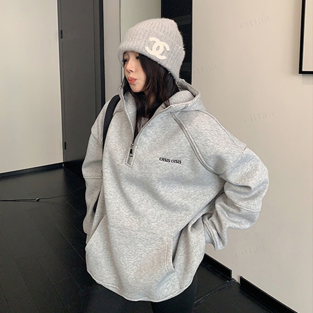 ★予約★D-827　2026新作♡OISISファスナーラインハーフジップフーディー　グレー
