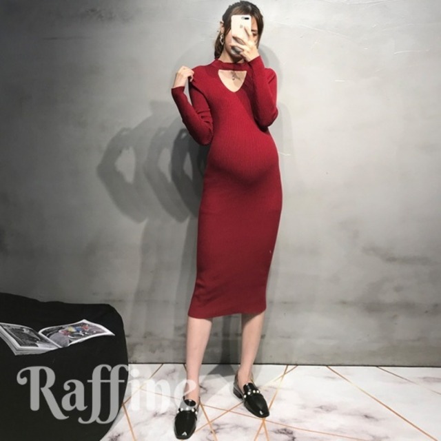 T マタニティ ドレス 結婚式 お呼ばれ ワンピース リブニット 膝丈 長袖 ホルターネック ピンク 黒 ブラウン ワイン パーティー ドレス Raffine ラフィーネ ドレス ブラウス