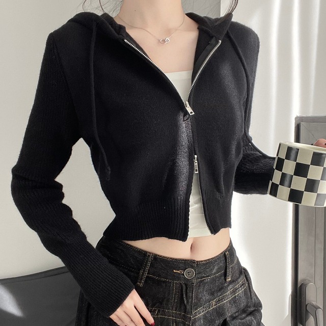 zip-up long sleeve cropped knit parka la2818
