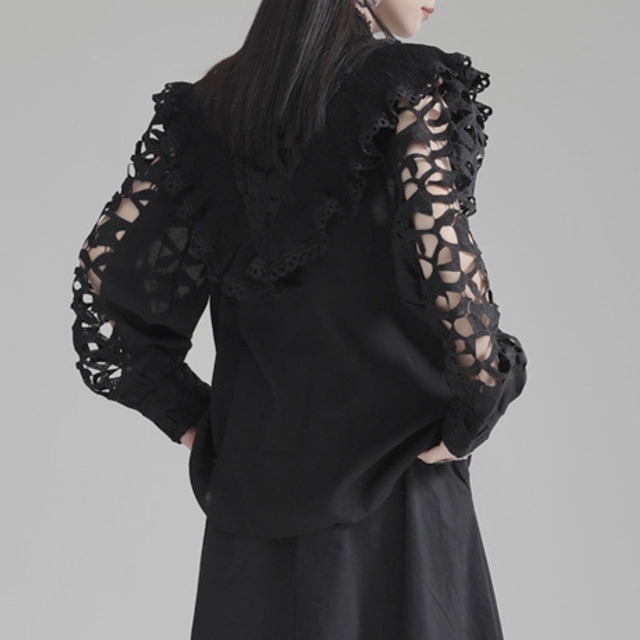 Stand collar lace switch frill long sleeve blouse【2color】 C0976