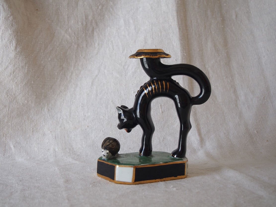 アールデコ 黒猫&かたつむり キャンドルスタンド 陶器 / K562 アール・デコ 黒猫とかたつむりのキャンドルスタンド 陶器 金彩 1930
