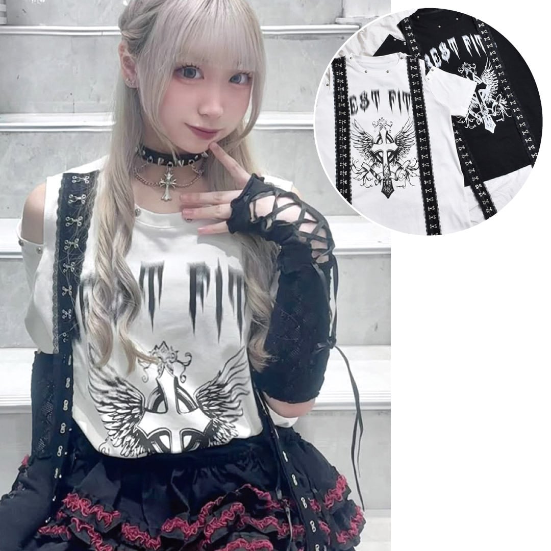 【7/15 完売BLACK再入荷!】新作★レーステープ★肩OPENクロスWINGTシャツ