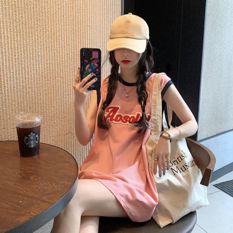 ノースリーブスタンダードルーズTシャツ サマースタイル薄手 ピンク レトロ 大人ガーリー スウィート キュート カジュアル 夏物 ブラックストロベリース20749809060