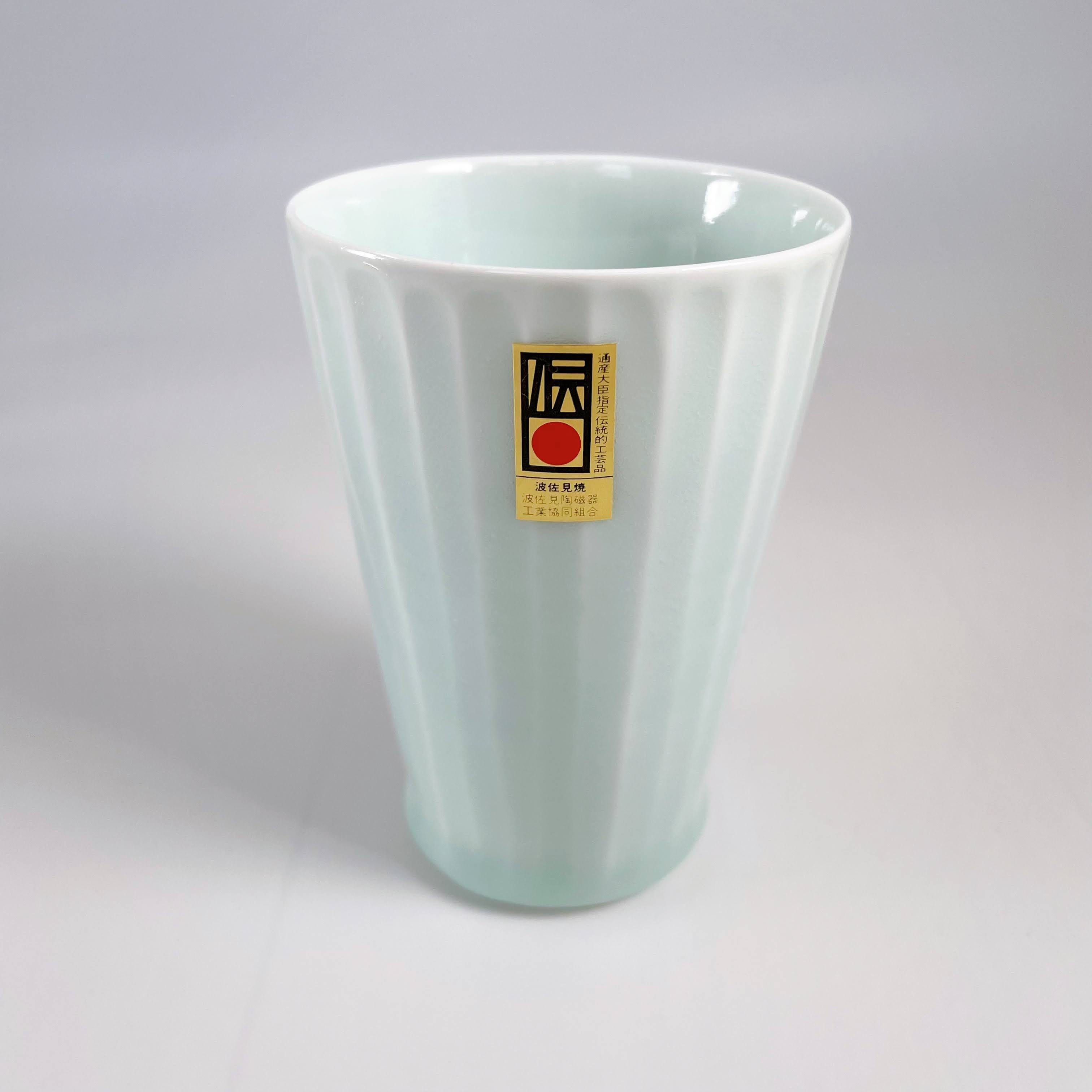 ビール・ソフトドリンクに】波佐見焼：青白磁しのぎ文様グラス(長め