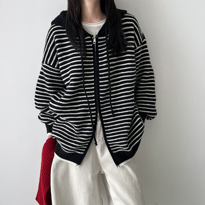 フーディーボーダーニットカーディガン 233106