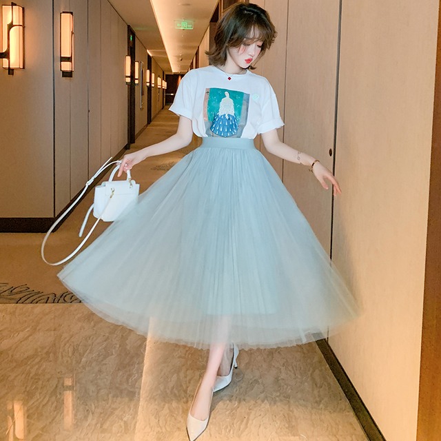 プリント柄ラウンドネックルーズTシャツ メッシュプリーツスカート サマースタイル 夏物 Oネック MIUCO88569313190