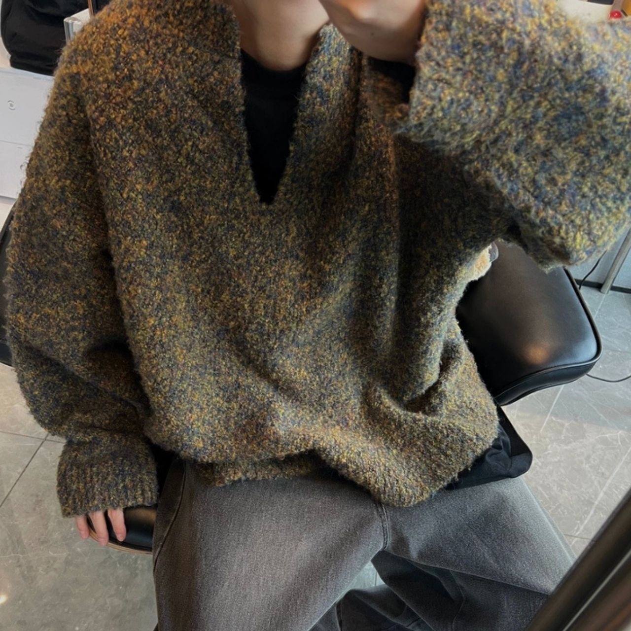 カラーミックスV ネックオフショルダーニット　1043