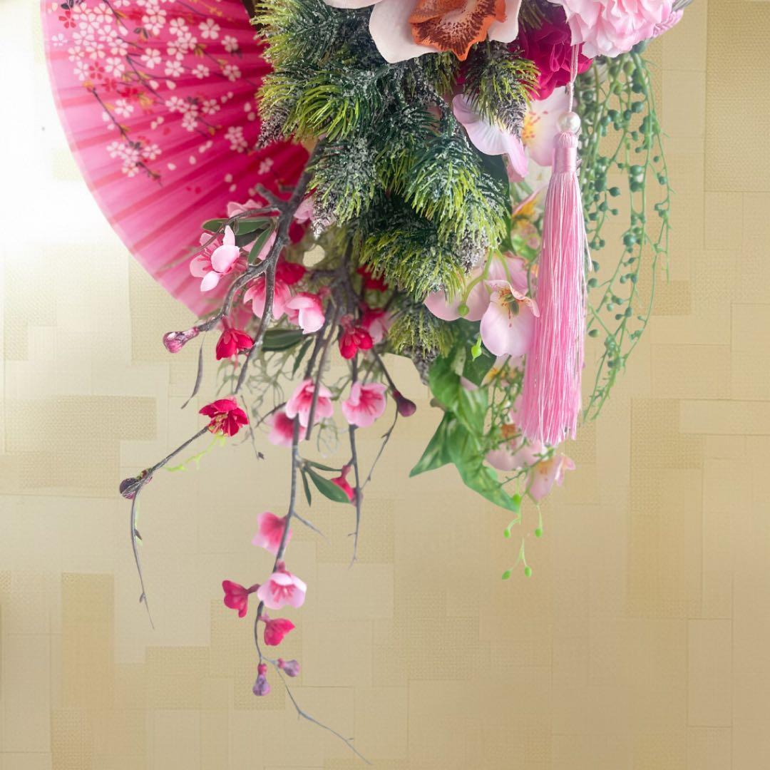 彩り扇のしめ縄リース・縦長シリーズ しめ飾り 正月飾り アート