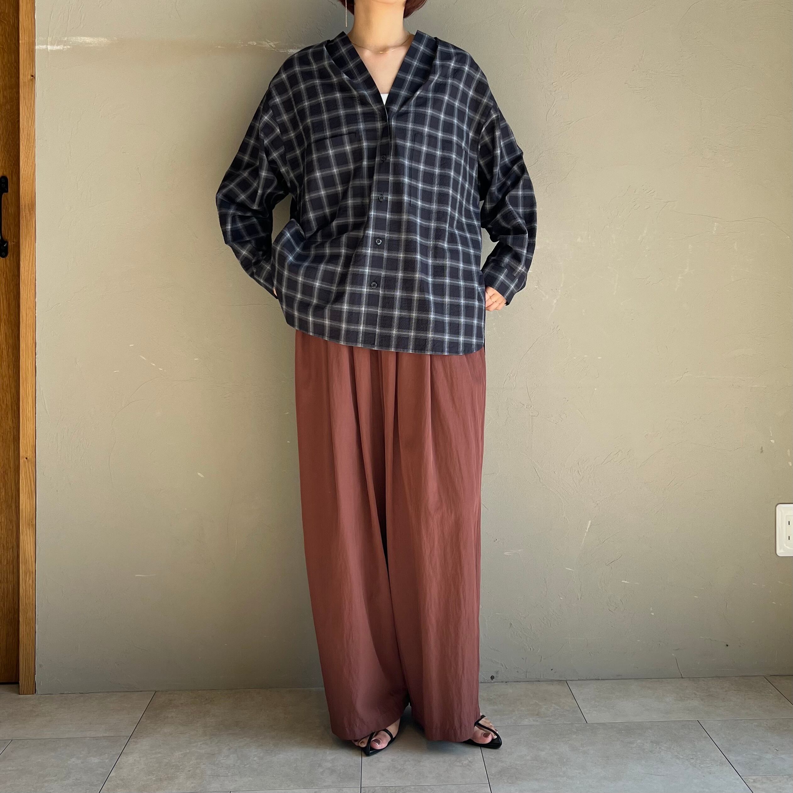 新品タグ付 パシオーネ カフネ チェック シャツ ブラウン Mサイズ フォロー割 PASSIONE 】ノーカラーチェックシャツ | valance 福井｜レディース