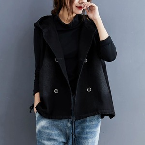 BLACK HOODED DOUBLE BREAST VEST JACKET 1color M-10405