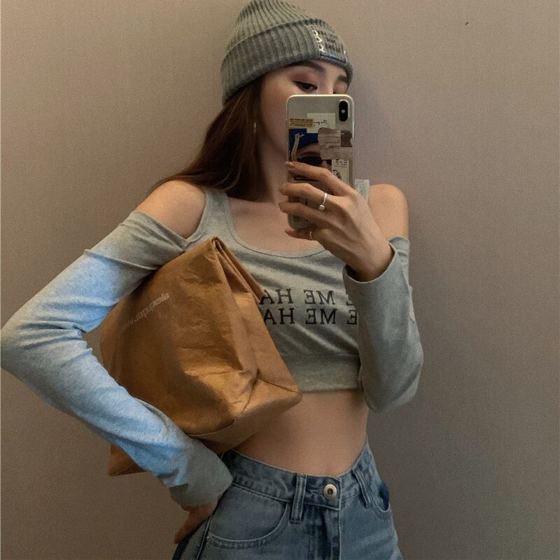 ショートトップス Tシャツ スプリング薄手ラウンドネック ロング 春物 Oネック オフショルダー ドラファッションホール27256174333