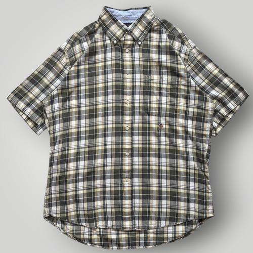 【00s】TOMMY HILFIGER ボタンダウン 半袖シャツ 黄×灰 メンズ L チェック VINTAGE トミーヒルフィガー コットン ロゴ 刺繍 ワンポイント