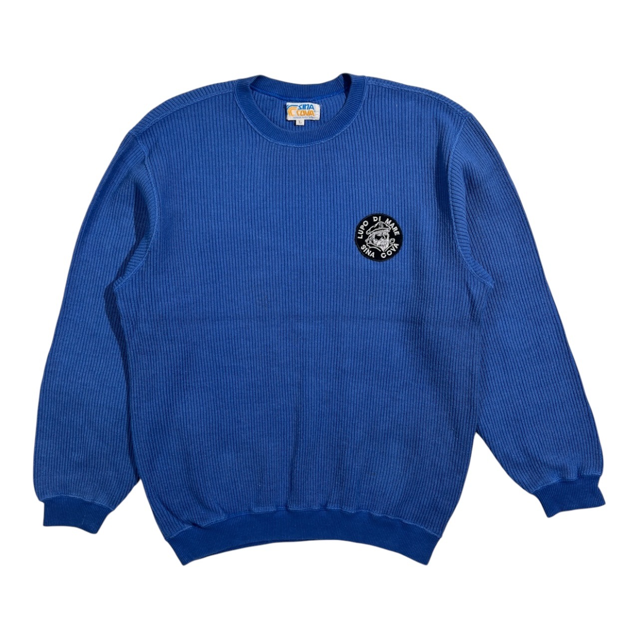 SINA COVA シナコバ コットンニット 畔編み トレーナー サイズ L /ブルー/メンズ/ワッペン付き