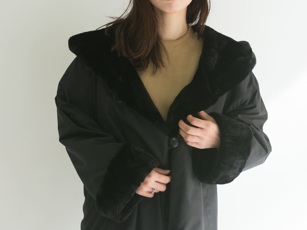【Made in Italy】Oversized Coat with big boa hood（イタリア製オーバーサイズ ビッグフードコート）1c
