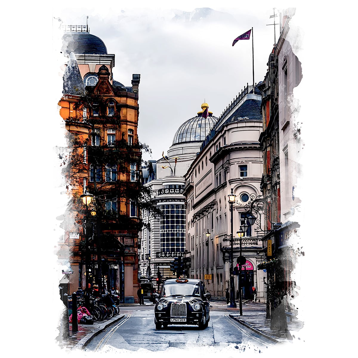 絵画 風景画(街並み) イギリス ロンドン ソーホー グレート・ウインドミル・ストリート インテリアアート額付き 水彩画・油絵風 WAT1020