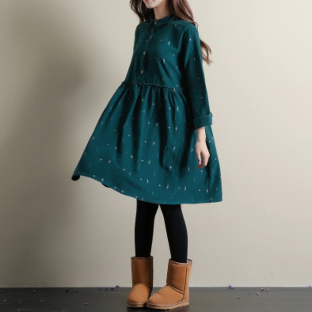 森ガール ワンピース 緑 カジュアル Aライン コーデュロイ 秋 冬 膝丈 かわいい 長袖 グリーン Cinderella Story 森ガール ワンピース 緑 カジュアル Aライン コーデュロイ 秋 冬 膝丈 かわいい 長袖 グリーン Cinderella Story