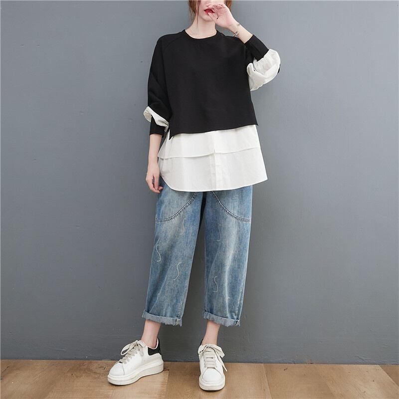 CONTRAST FAKE LAYERED DESIGN PULLOVER 2colors M-4373