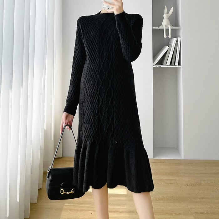 ニットワンピース チェックワンピース 長袖 体型カバー レディース 膝