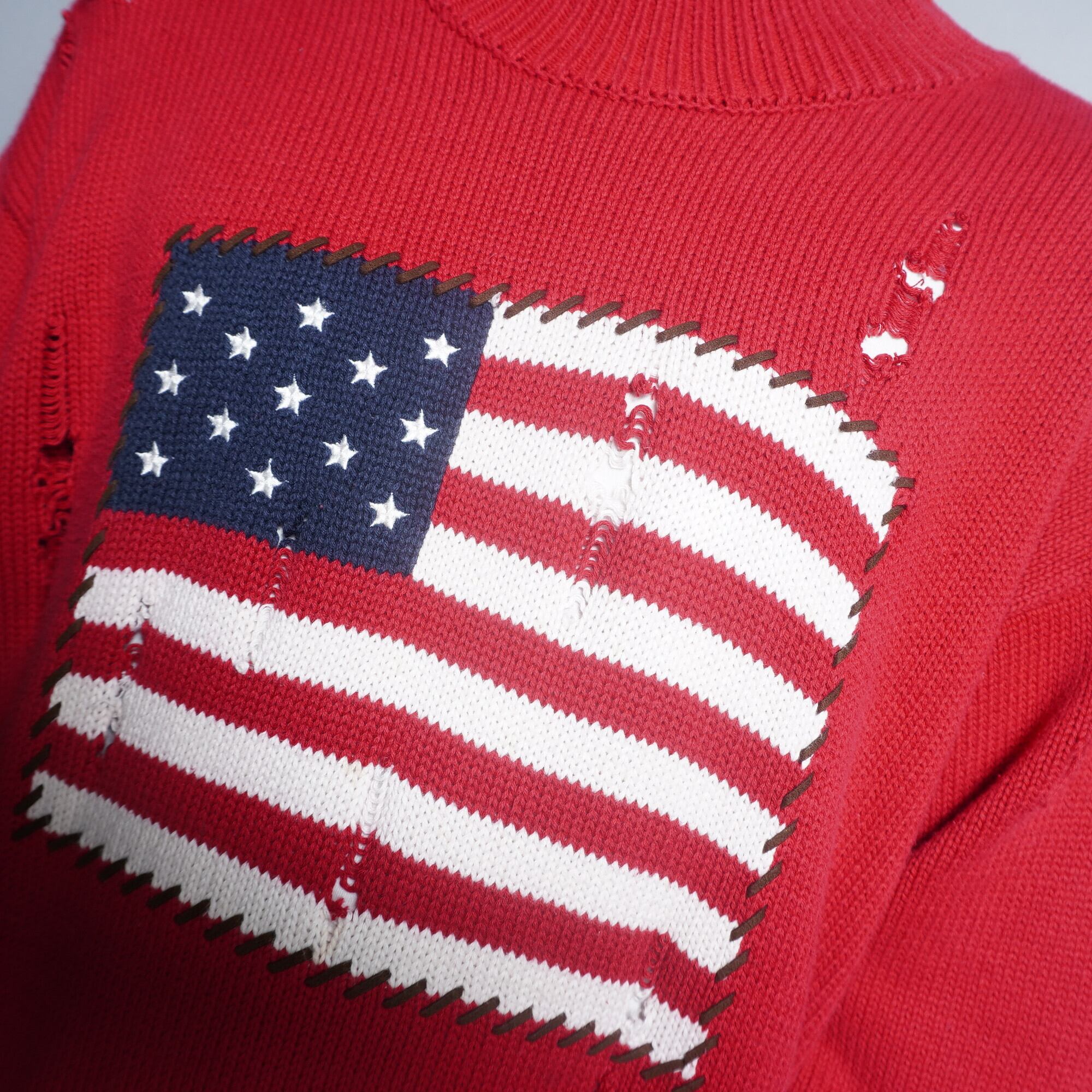 アメリカンフラッグ グランジ デストロイ レッド ニットセーター | V
