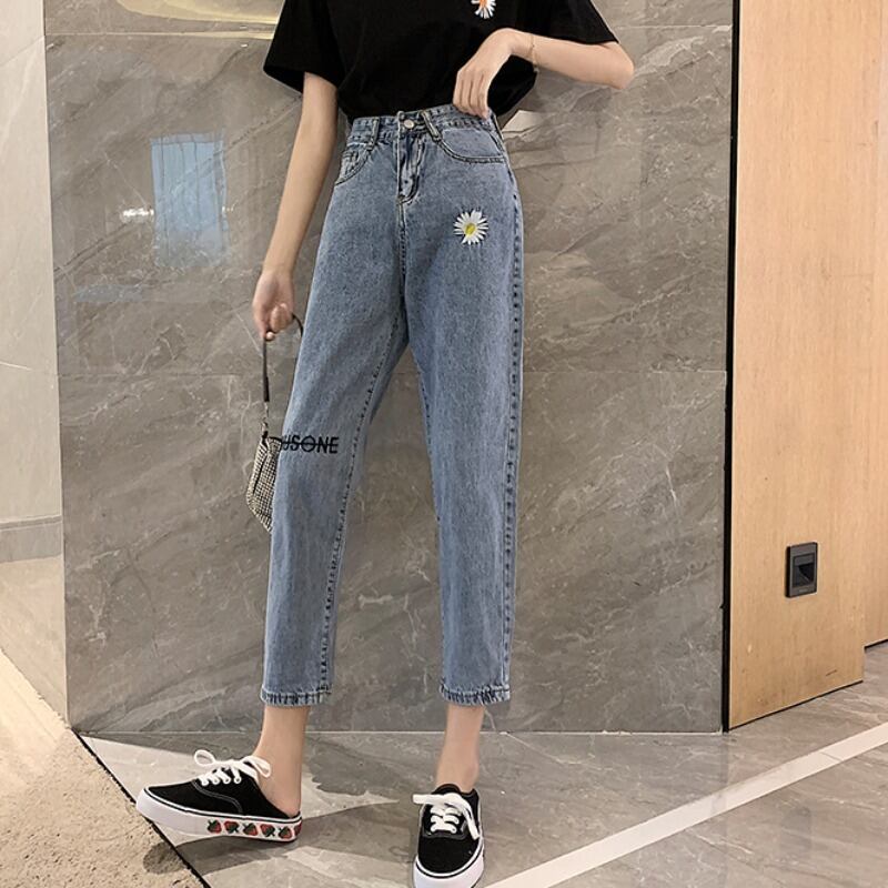 香港フレーバーシックな刺繡小さなデイジーオールドハイウエストシンハーランジーンズ女性夏ストレートルーズクロップドパンツ YY-ファッション5322598951