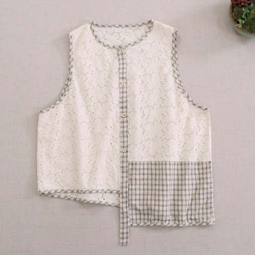 2色/レース刺繍チェックアシメベスト ・12166