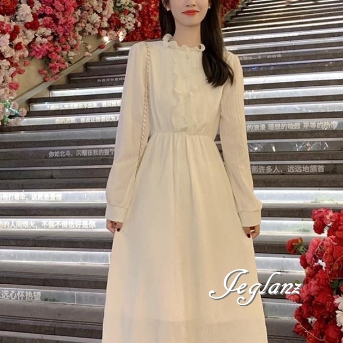 上品 フリルカラー ワンピース ドレス Aライン ボタン (MB095)αγ