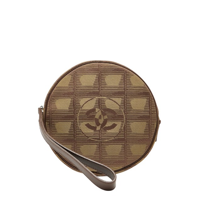 シャネル ニュートラベルライン ラウンド ポーチ ブラウン カーキ キャンバス レザー レディース CHANEL 【中古】