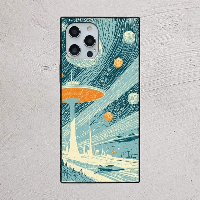 受注生産 iPhoneケース 水色宇宙船と彗星の宇宙柄｜宇宙ポスター風 RFSP055C