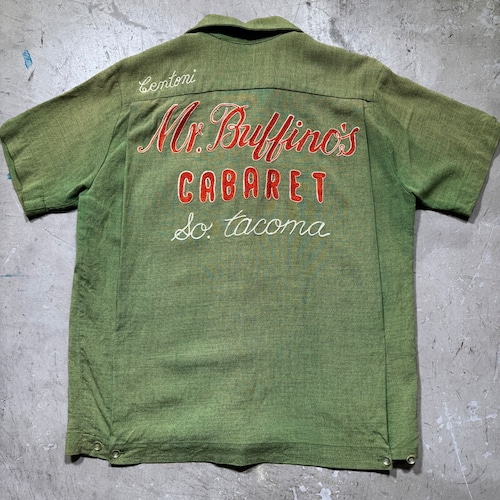 60's ANGELTOWN エンジェルタウンボーリングシャツ フェードグリーン Mr.Buffino's CABARET オープンカラーシャツ 開襟 チェーンステッチ MEDIUM 希少 ヴィンテージ BA-2490 RM2909H