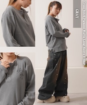 ◆クロス刺繍 ピグメント ヘンリーネック ワッフル ロンT◆wi-981022