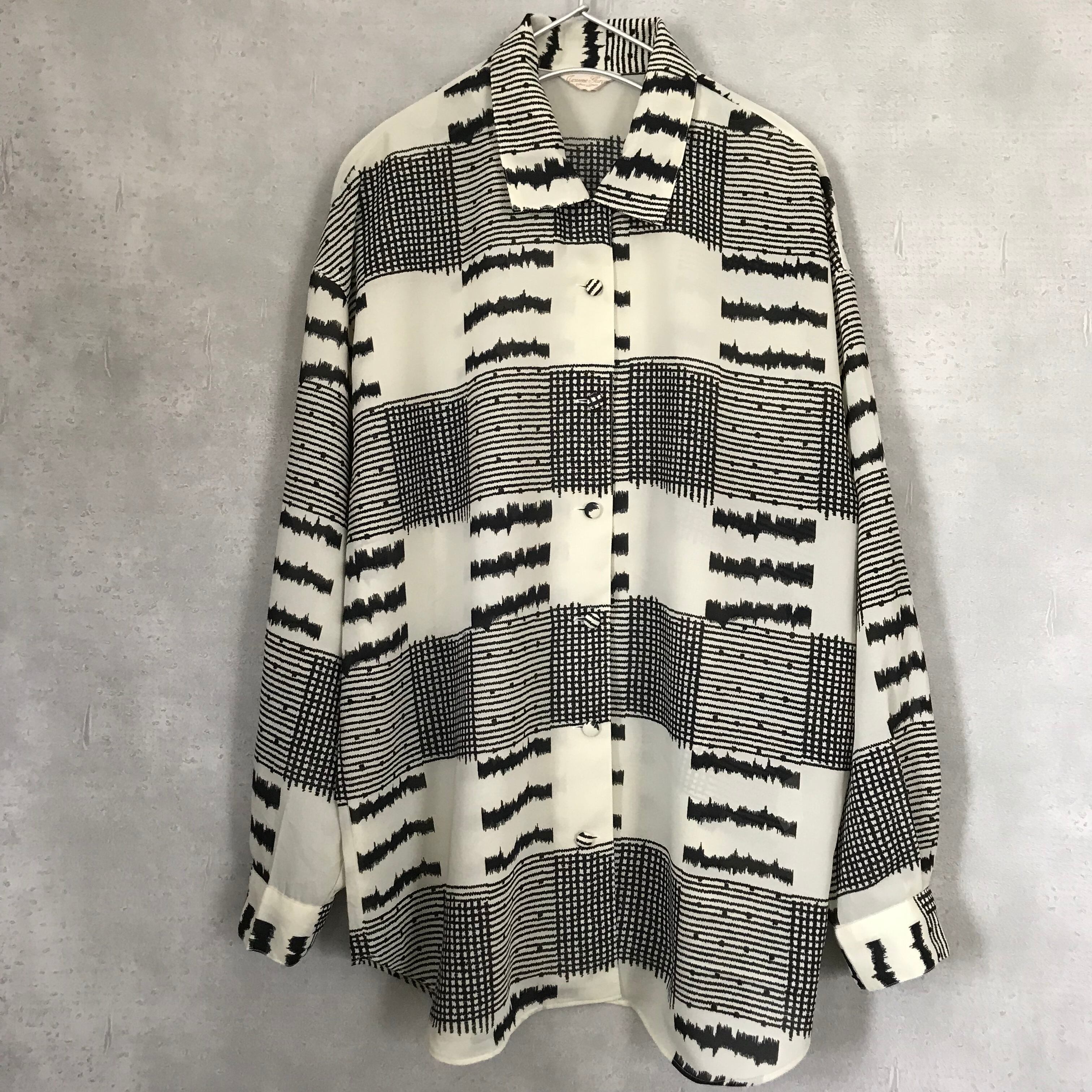 アート柄 総柄シャツ ポリシャツ テロテロ感 長袖 メンズlサイズ