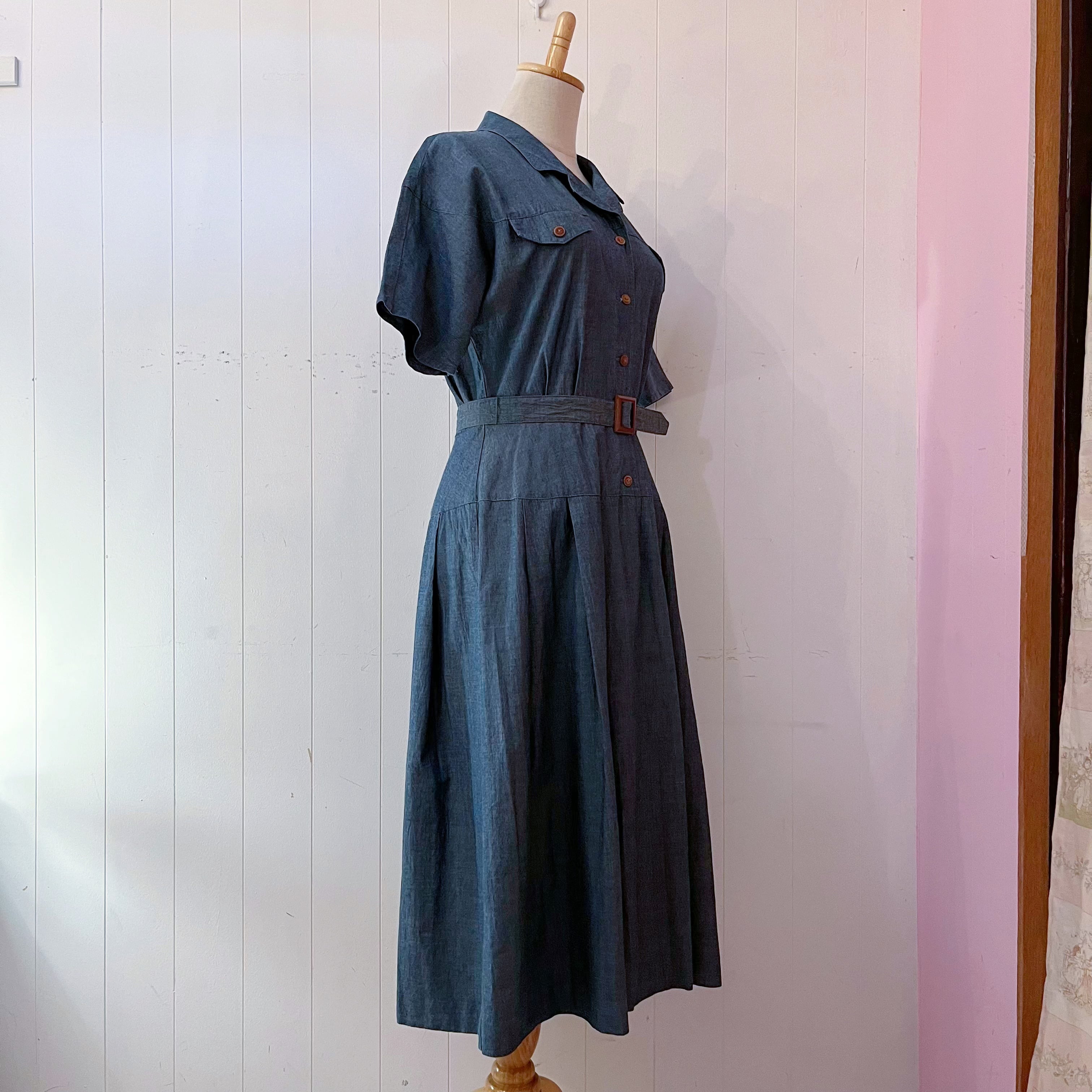chambray open collar one-piece