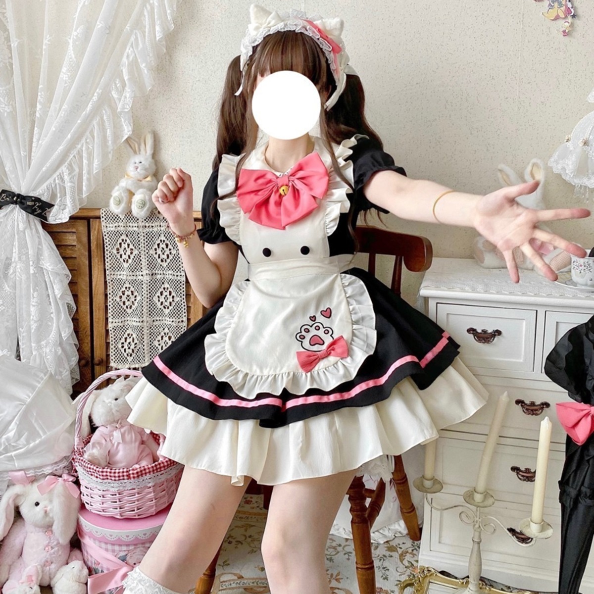 ネコ 猫 肉球 ファーゴスロリ ロリータワンピース フルセット ピンク L ネコ 猫 肉球 ファーゴスロリ ロリータワンピース フルセット