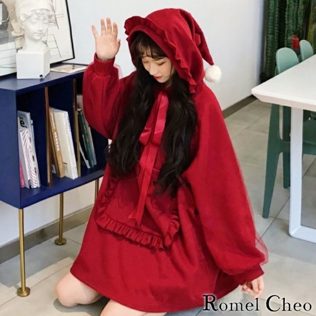 Romelcheo 赤ずきん パーカー ミニワンピース チュニック 童話 おとぎ話 かわいい 可愛い レディース ティーンズ ガーリー キュート メルヘン フリル コスプレ 衣装 ゆめかわ 病みかわ 原宿 ストリート ファッション 長袖 ロメルチェオ Romelcheo