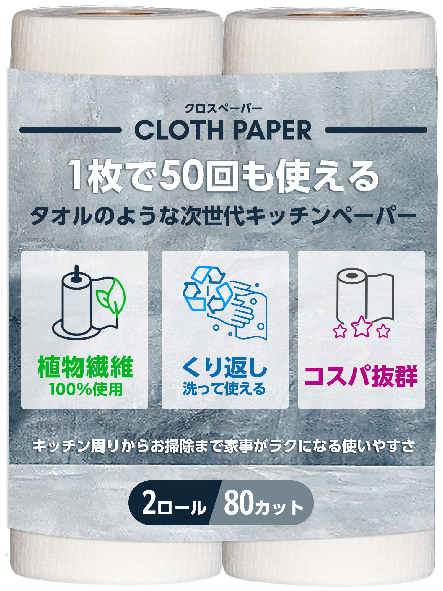 CLOTH PAPER キッチンペーパー ペーパータオル タオル 1枚で50回 繰り返し使える 吸水 破れない 100%植物繊維 安心 安全 クロスペーパー 2ロールセット