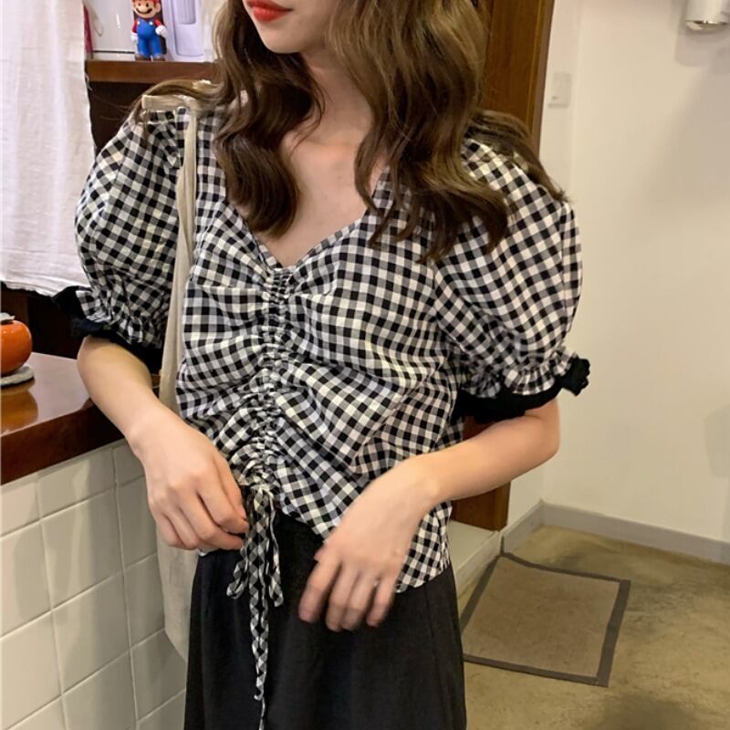 センスニッチバブル半袖レディースシャツ2020夏の新しいレトロな香港フレーバー巾着チェック柄トップドレス 1号婦人16867076945