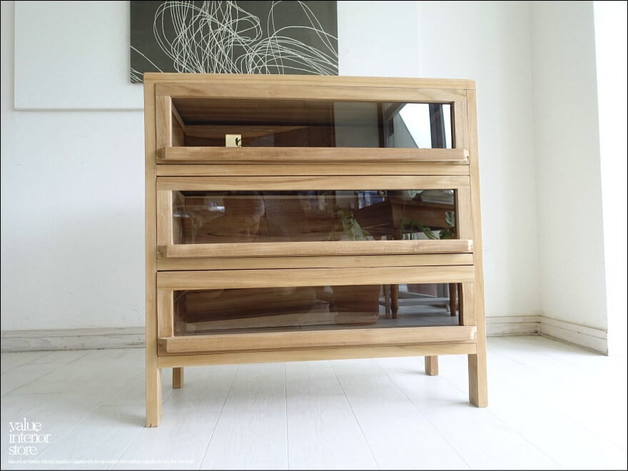 チーク無垢材 三段ガラスキャビネットrois/N チェスト 食器棚 ショーケース ガラスケース 収納家具 世界三大銘木