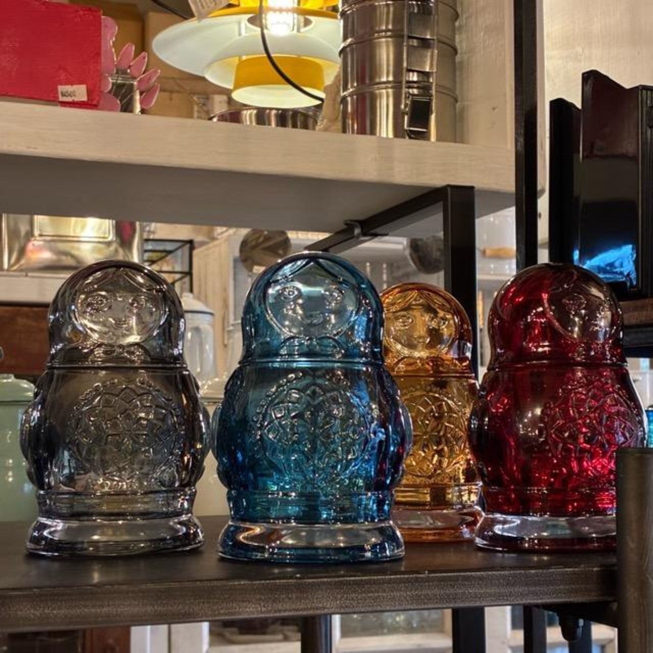 Matryoshka Jar 4 colors available: Red, Smoke, Orange, and Blue. Canister, candy container, glass jar.