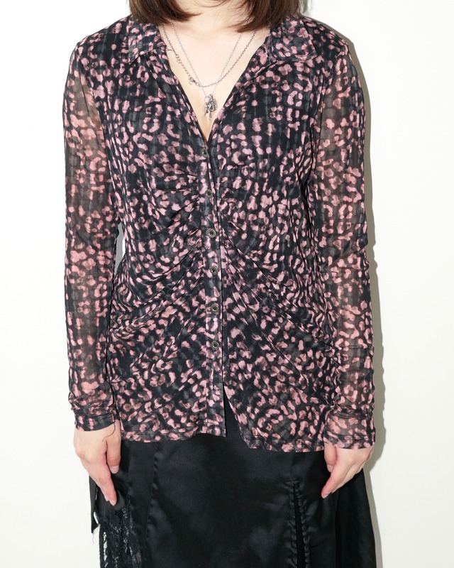 vintage leopard shirring see-through shirt "PINK"