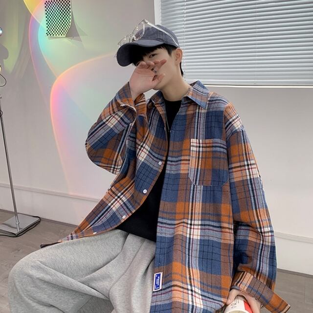 【予約販売】シャツ 長袖 チェック柄 メンズ オーバーサイズ ブラック ブラウン タグ カジュアル ストリート こなれ感 お洒落 韓国 トレンド 秋冬 M/L/XL/2XL/3XL