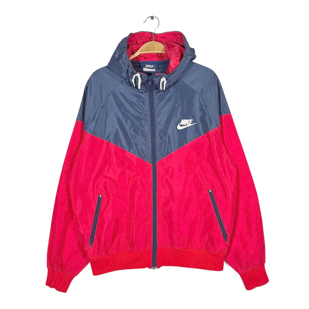 80s ナイキ 紺タグ ヴィンテージ ナイロンジャケット フード 赤紺 NIKE メンズL 古着 CK0265