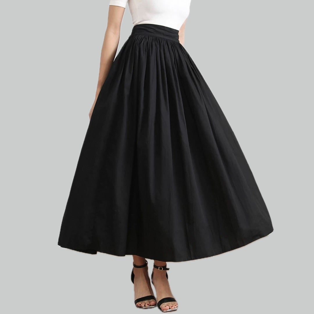 A line black flare gather volume long skirt 00107