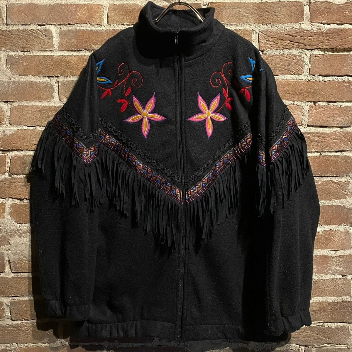 【Caka act3】Artistic Flower Pattern Fringe Fleece Jacket Caka(カカ）下北沢古着