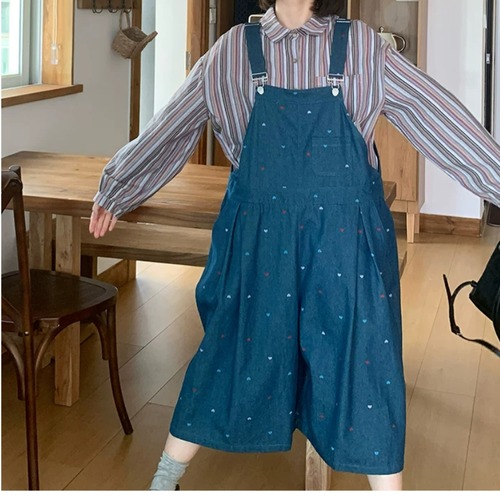 ハート刺繍デニムサロペットパンツ ・12547