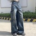 2024 春夏パンツ モップパンツ デニム ジーンズ ワイド ストレート ポケット ハイウエスト 脚長効果 美脚効果 細見え ウォッシュ加工 春 水色 カジュアル 韓国ファッション レディース お出か