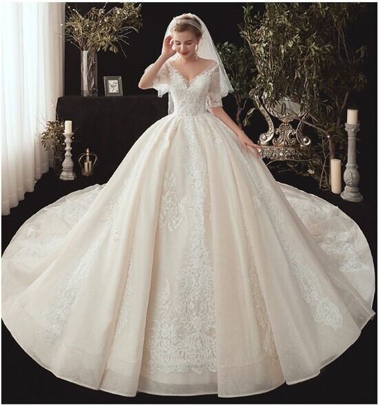 美品！ ウエディングドレス 上品花レース Vネックドレス トレーン  