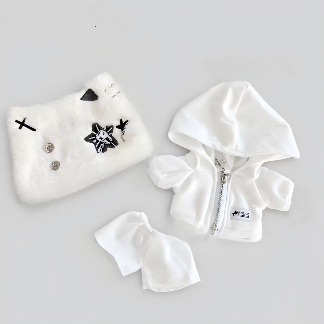 10cm/20cmぬいぐるみ用 秋冬 フード付きトップス＋パンツ＋ねこ耳帽子
